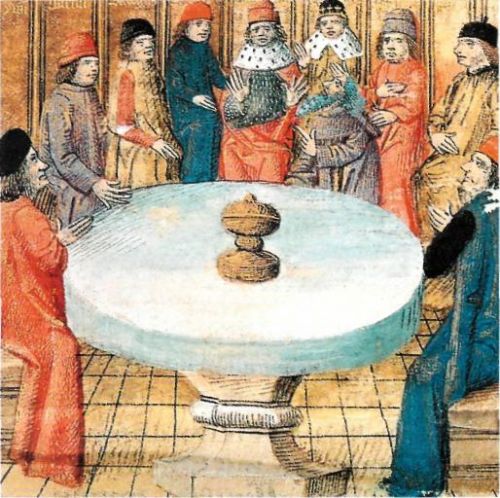 Король Артур и рыцари Круглого стола с чашей Грааля. Король считался хранителем священной чаши. 